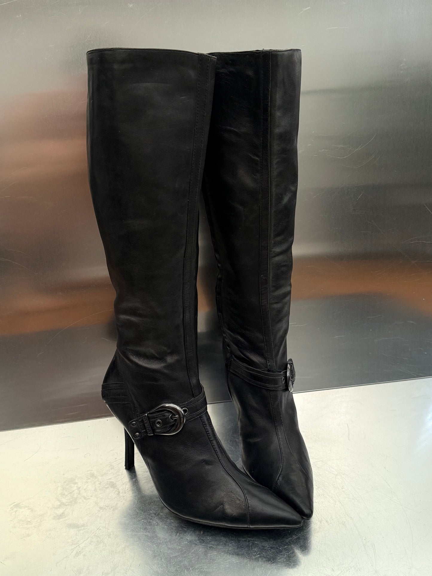 Vintage Black Leather High Boots with Buckle Detail OXMOX Twinkling Global