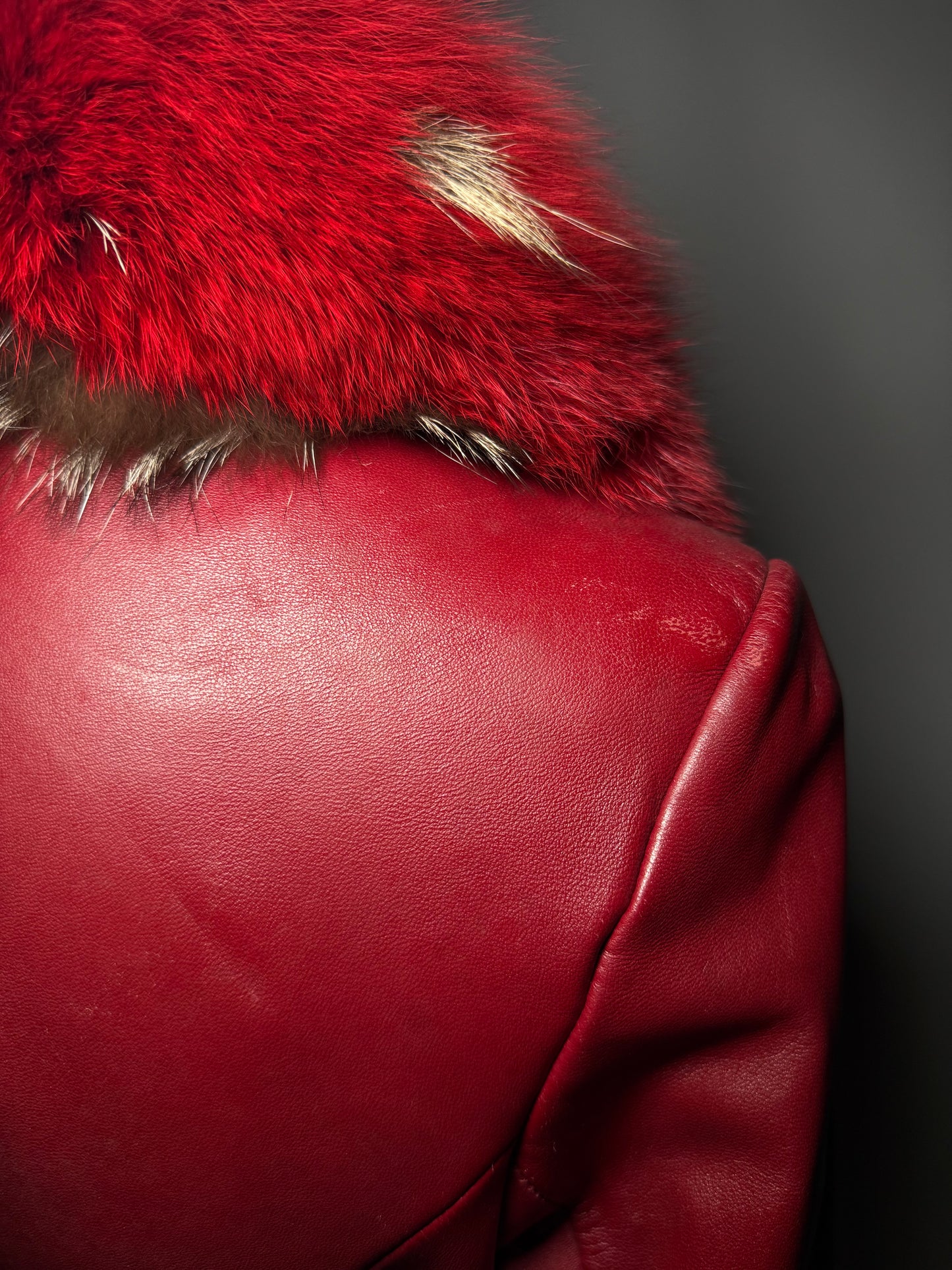 Vintage Red Leather Wrap Jacket with Real Fur TWINKLING GLOBAL