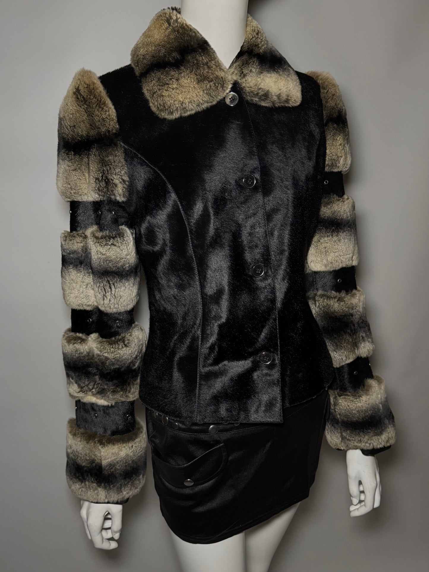 Vintage leather jacket with real chinchilla and pony fur panels