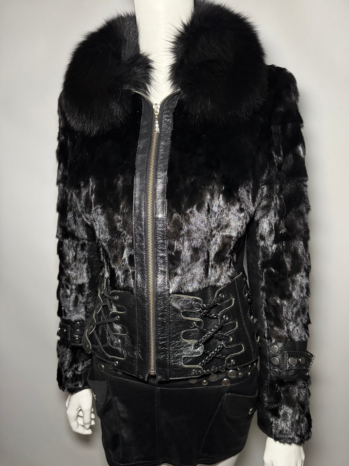 Vintage Leather & Real Fur Lace-Up Jacket TWINKLING GLOBAL