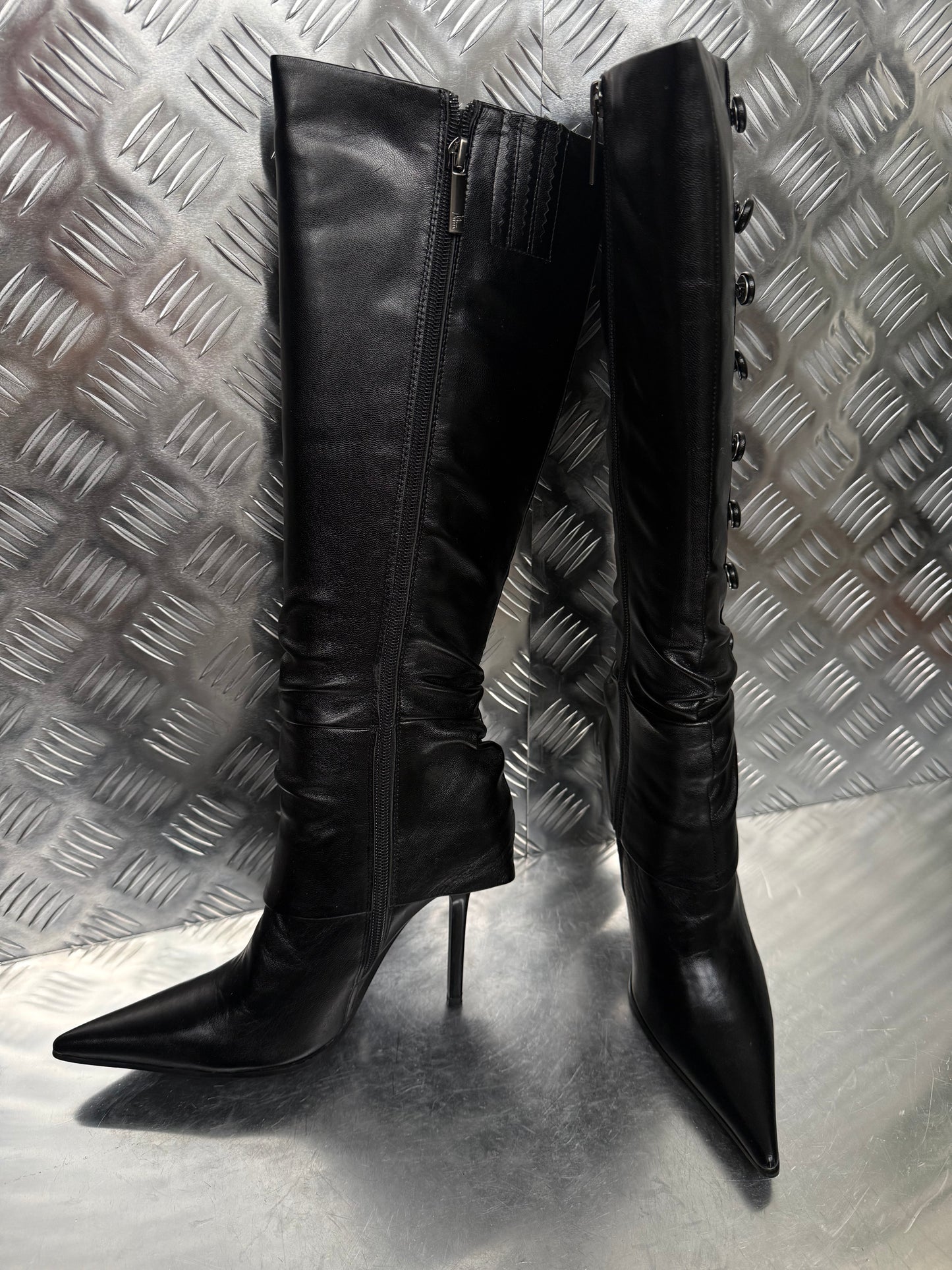 Vintage pointed-toe leather stiletto boots Twinkling Global