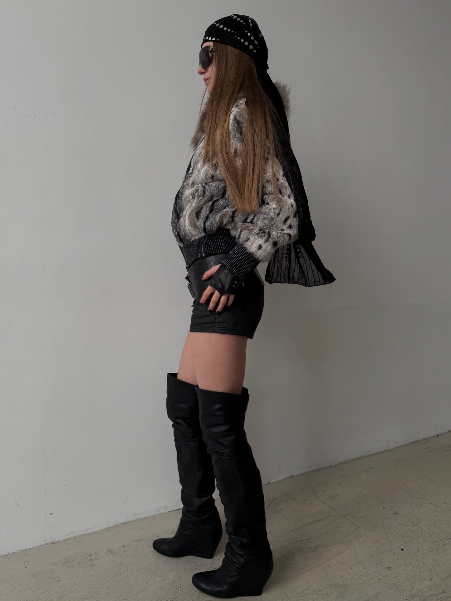 Vintage leather jacket with natural rabbit fur TWINKLING GLOBAL