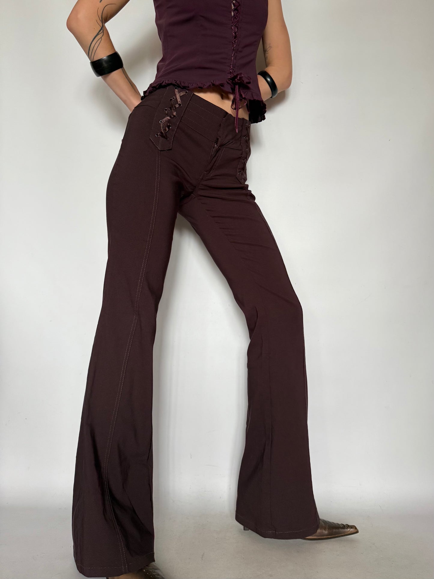 Vintage Brown Flared Pants with Lace-up Detail – Twinkling Global