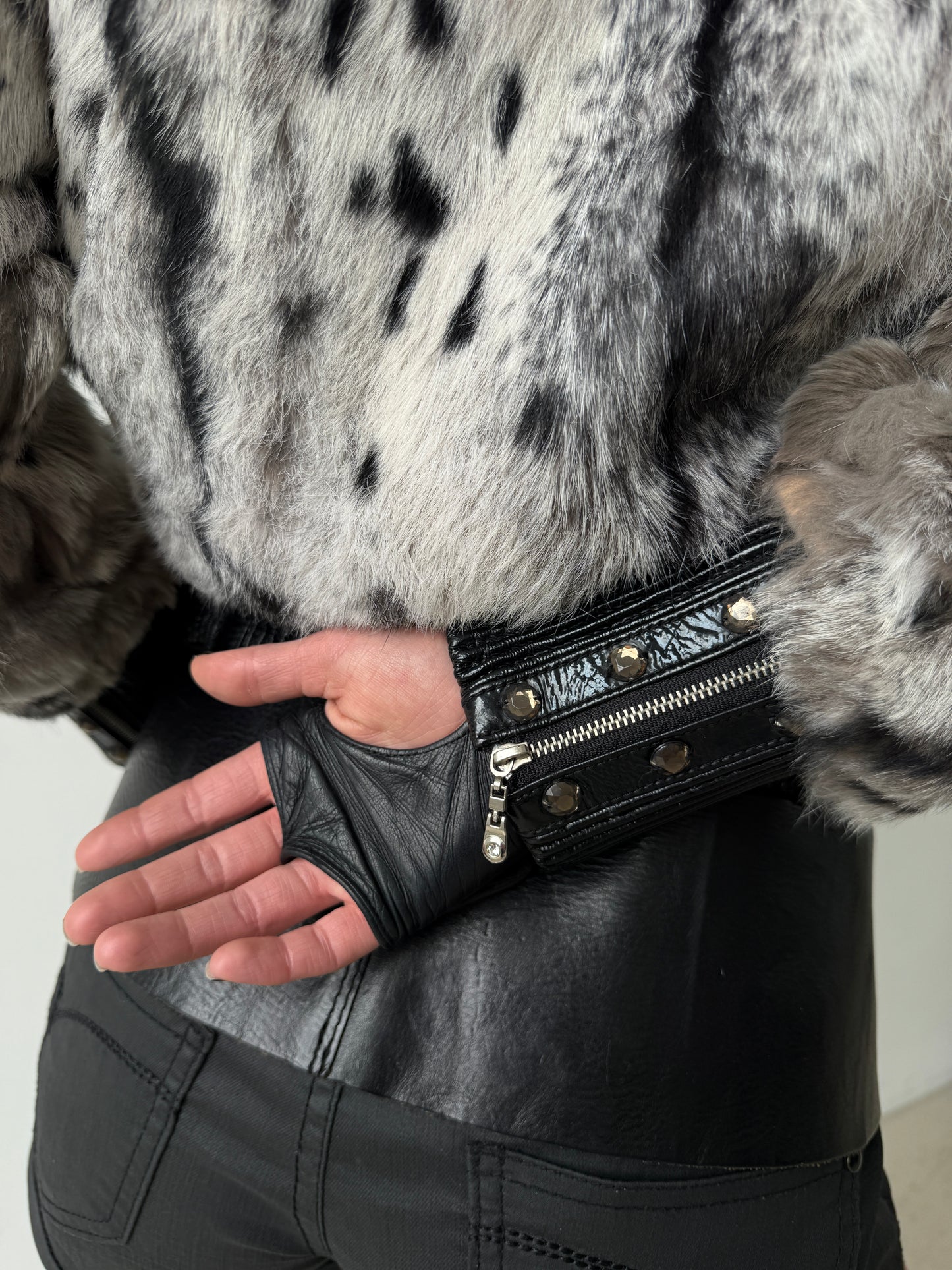 Vintage leather jacket with natural rabbit fur TWINKLING GLOBAL