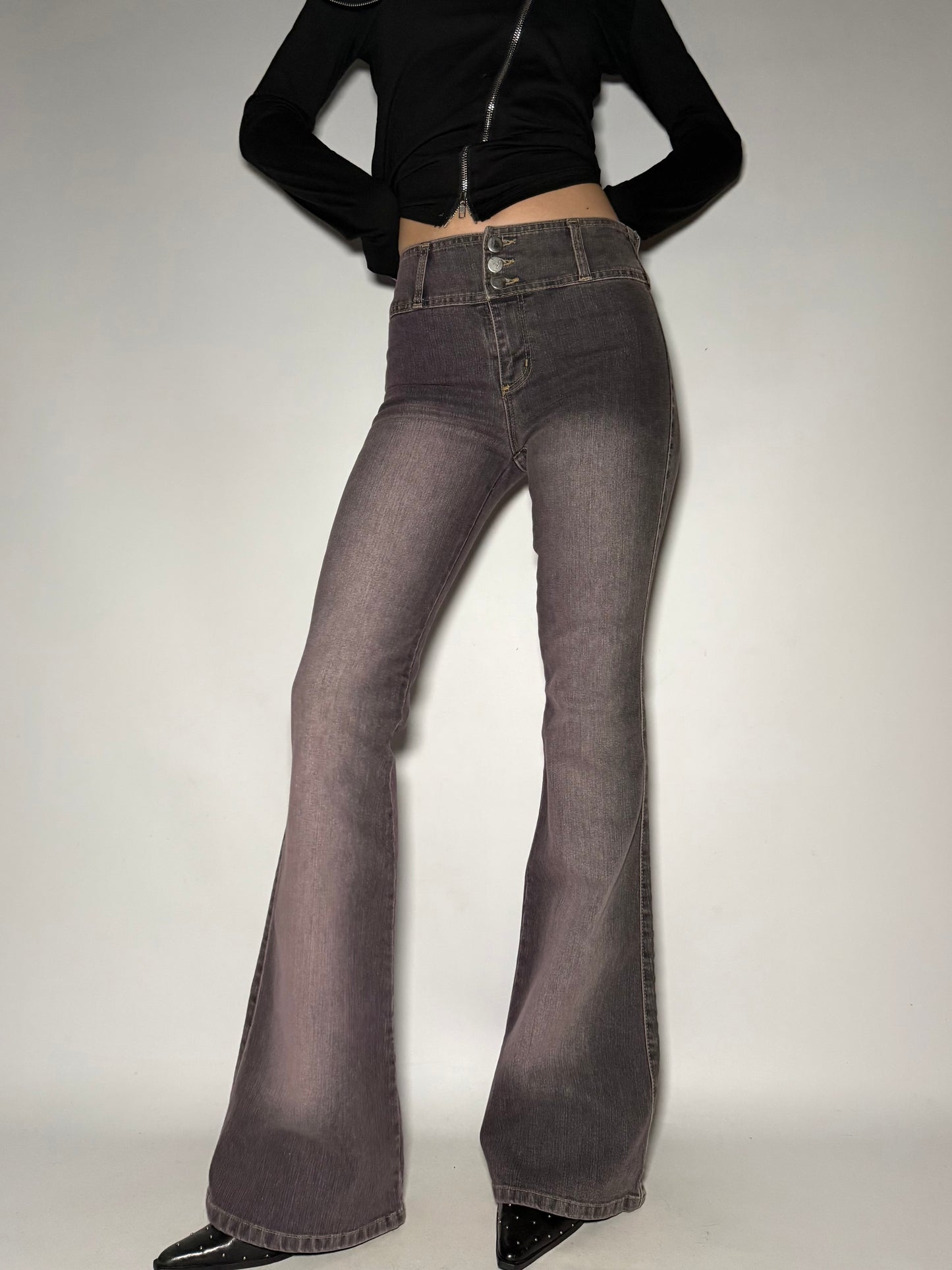 Grey-Pink Washed Stretch Flare Jeans Twinkling Global
