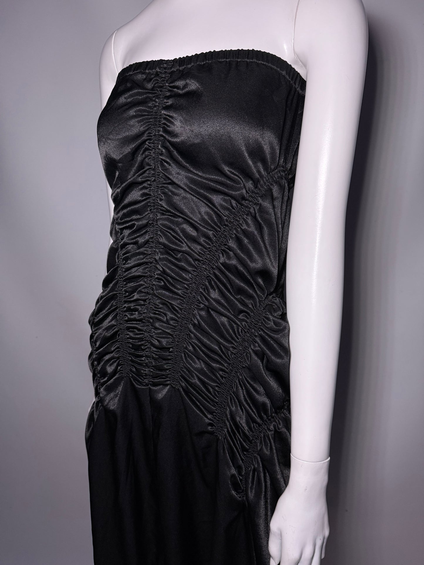 Y2K Strapless Black Ruched Satin Maxi Dress Twinkling