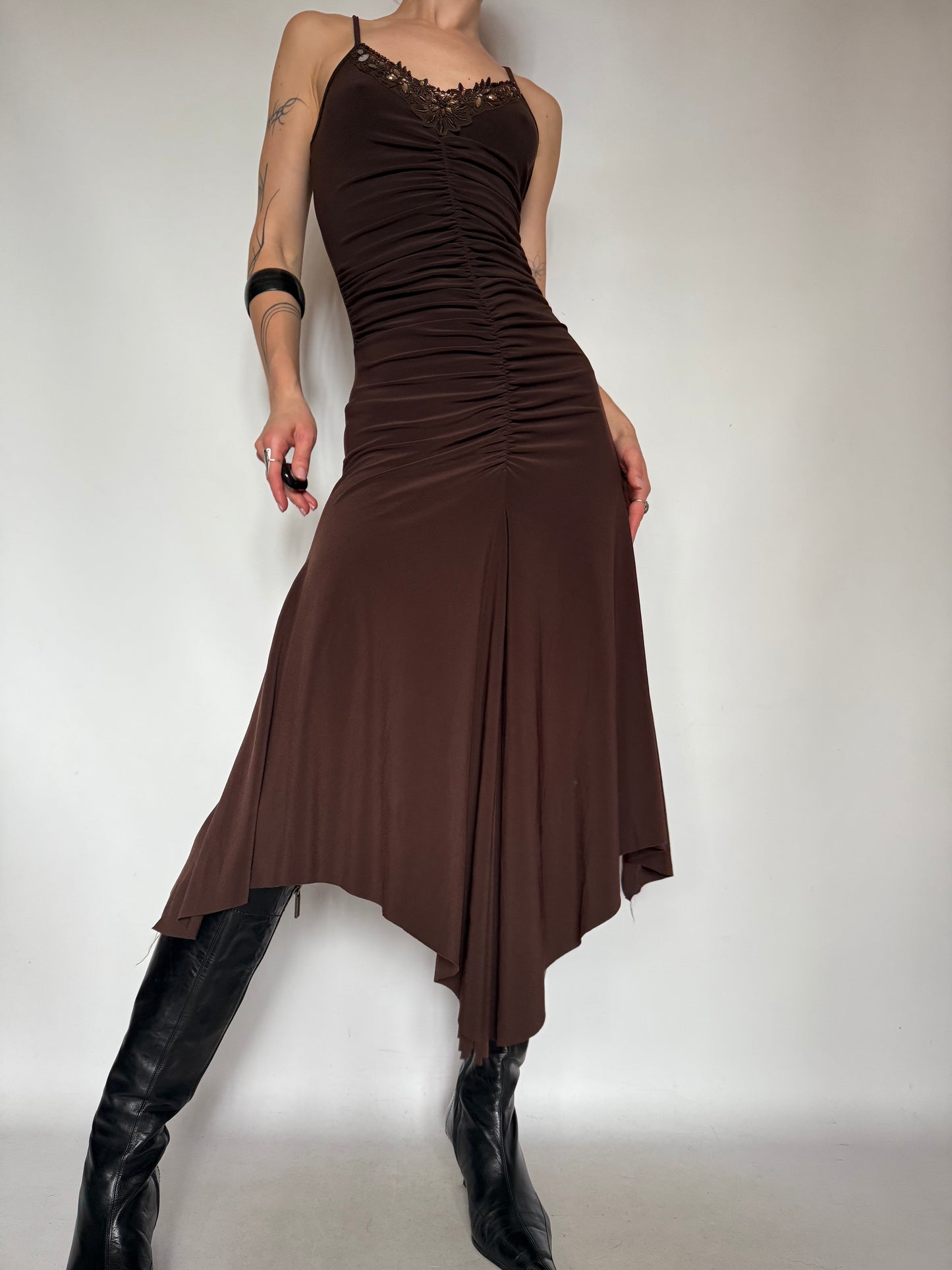 Vintage Brown Ruched Asymmetrical Dress – Twinkling Global