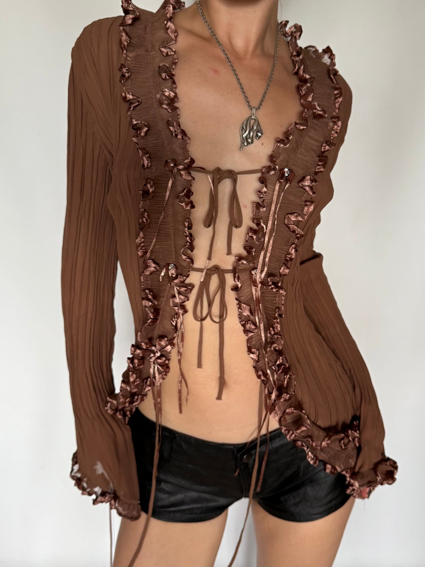 Vintage Cocoa Ruffle Tie-Front Blouse Twinkling Global