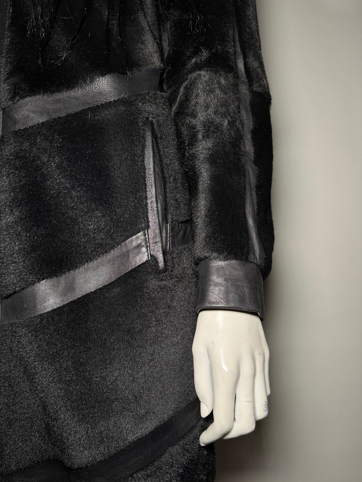 Vintage Black Leather Long Coat with Real Fur TWINKLING GLOBAL