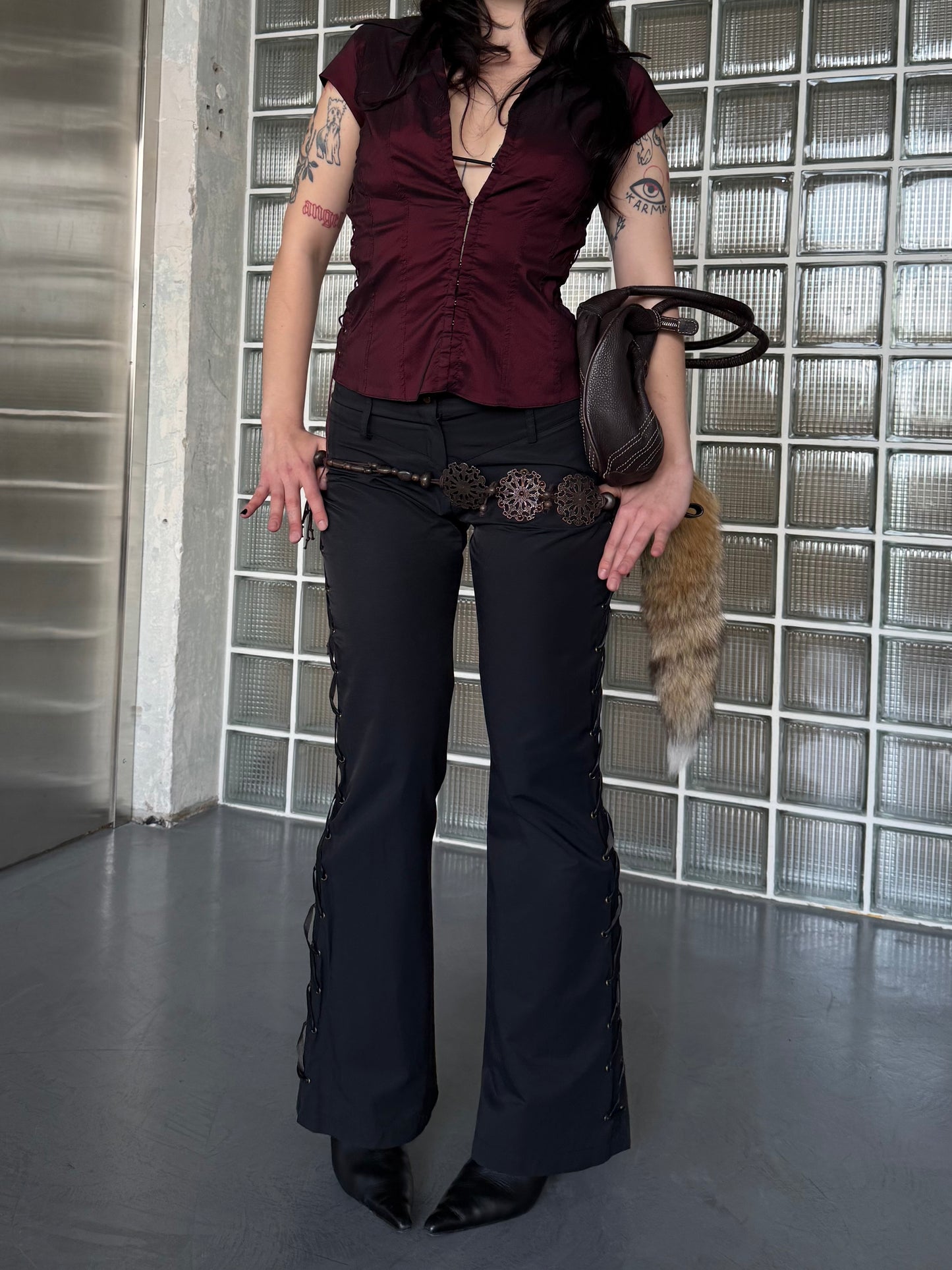 Vintage Flared Trousers with Lace-Up Detail - TWINKLING GLOBAL