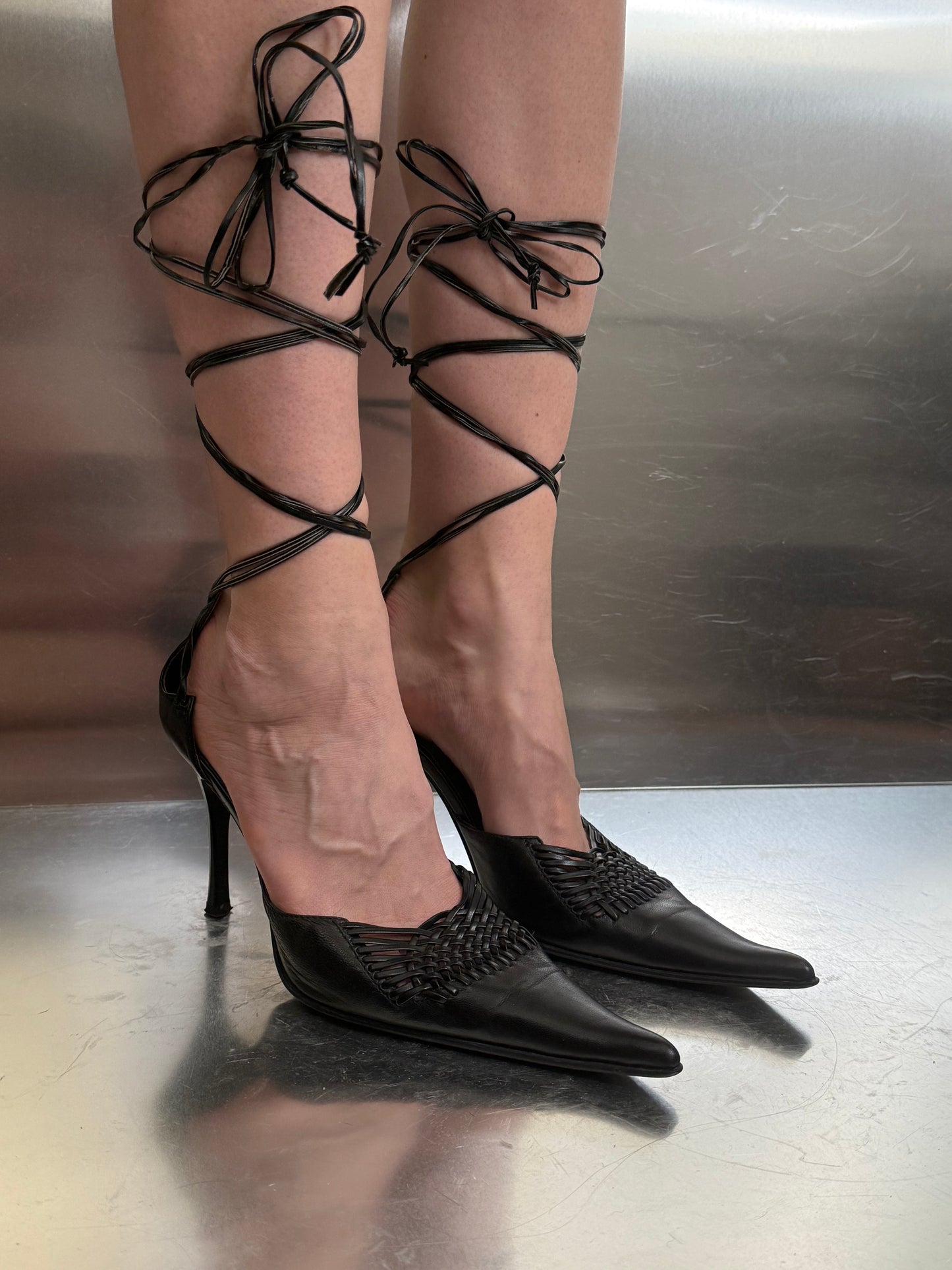 Vintage Black Leather Heels with Lace-Up Straps  Twinkling