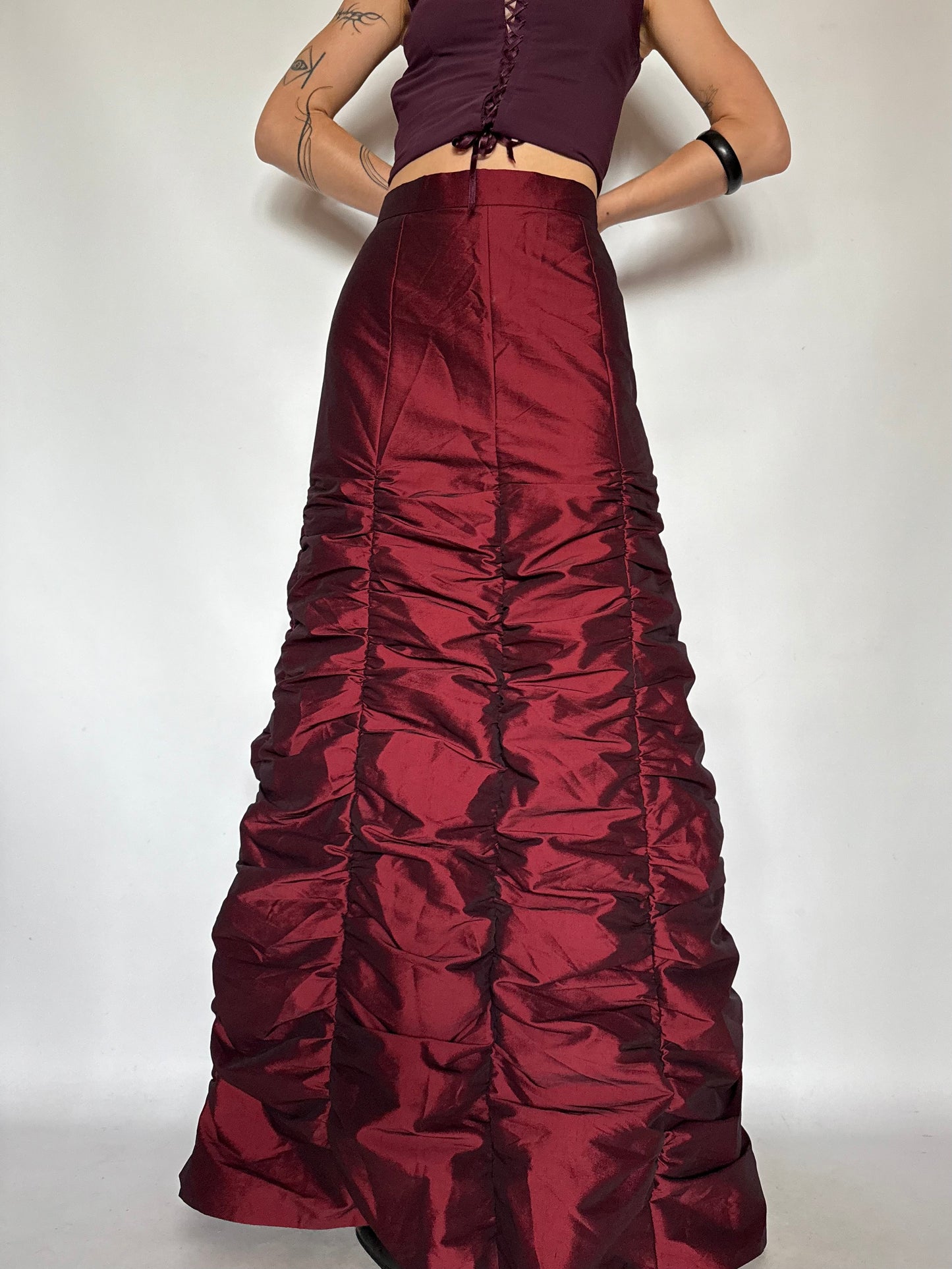 Vintage Burgundy Ruched Maxi Skirt – Twinkling Global