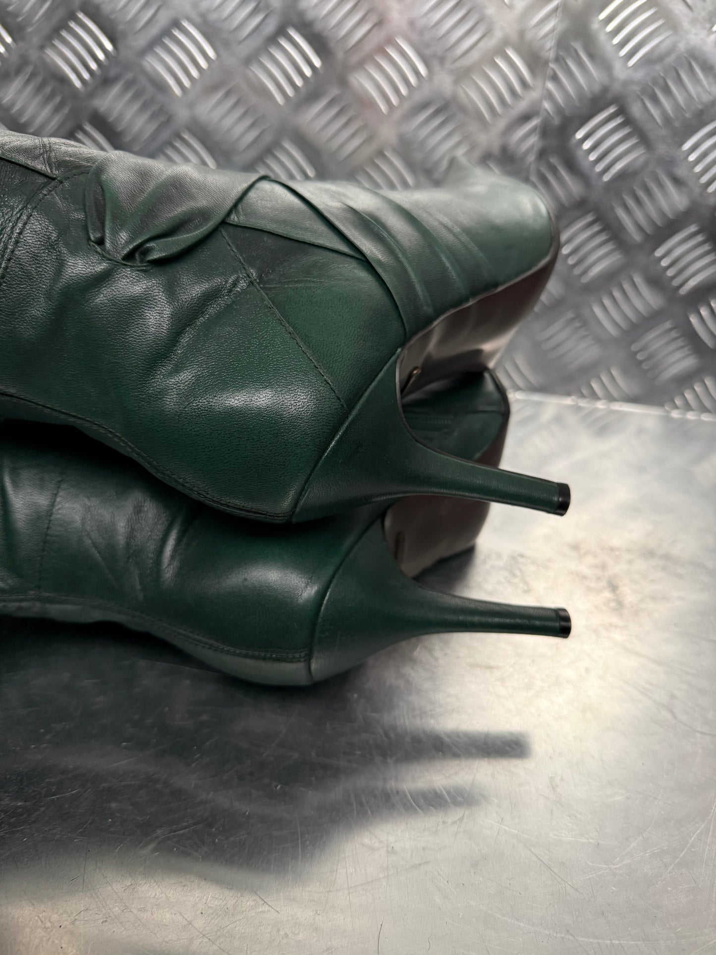 Vintage Dark Green Leather Heeled Boots FAITH TWINKLING GLOBAL