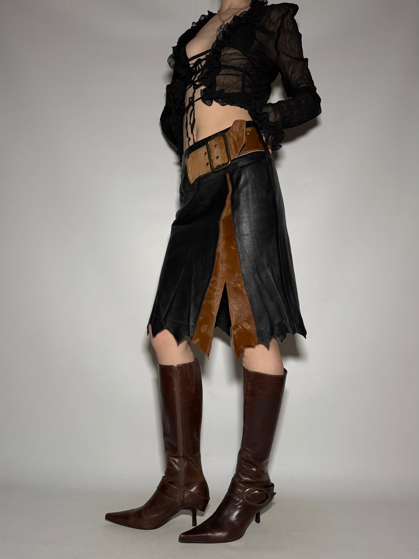 Vintage Leather Skirt with Fur Trim - TWINKLING GLOBAL
