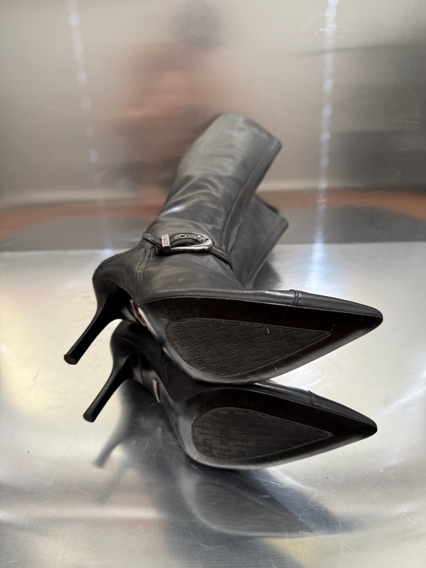 Vintage Black Leather High Boots with Buckle Detail OXMOX Twinkling Global