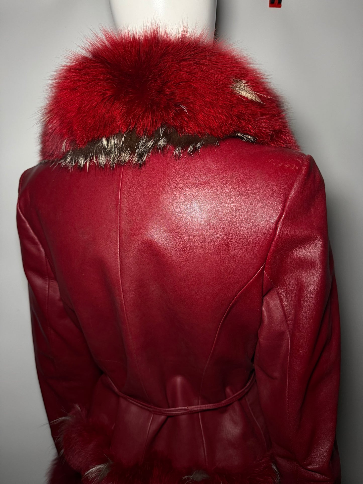 Vintage Red Leather Wrap Jacket with Real Fur TWINKLING GLOBAL