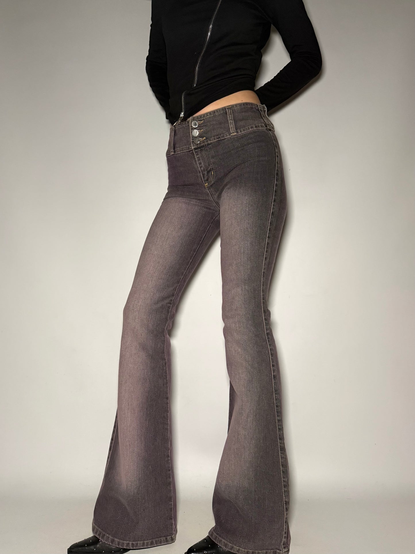 Grey-Pink Washed Stretch Flare Jeans Twinkling Global