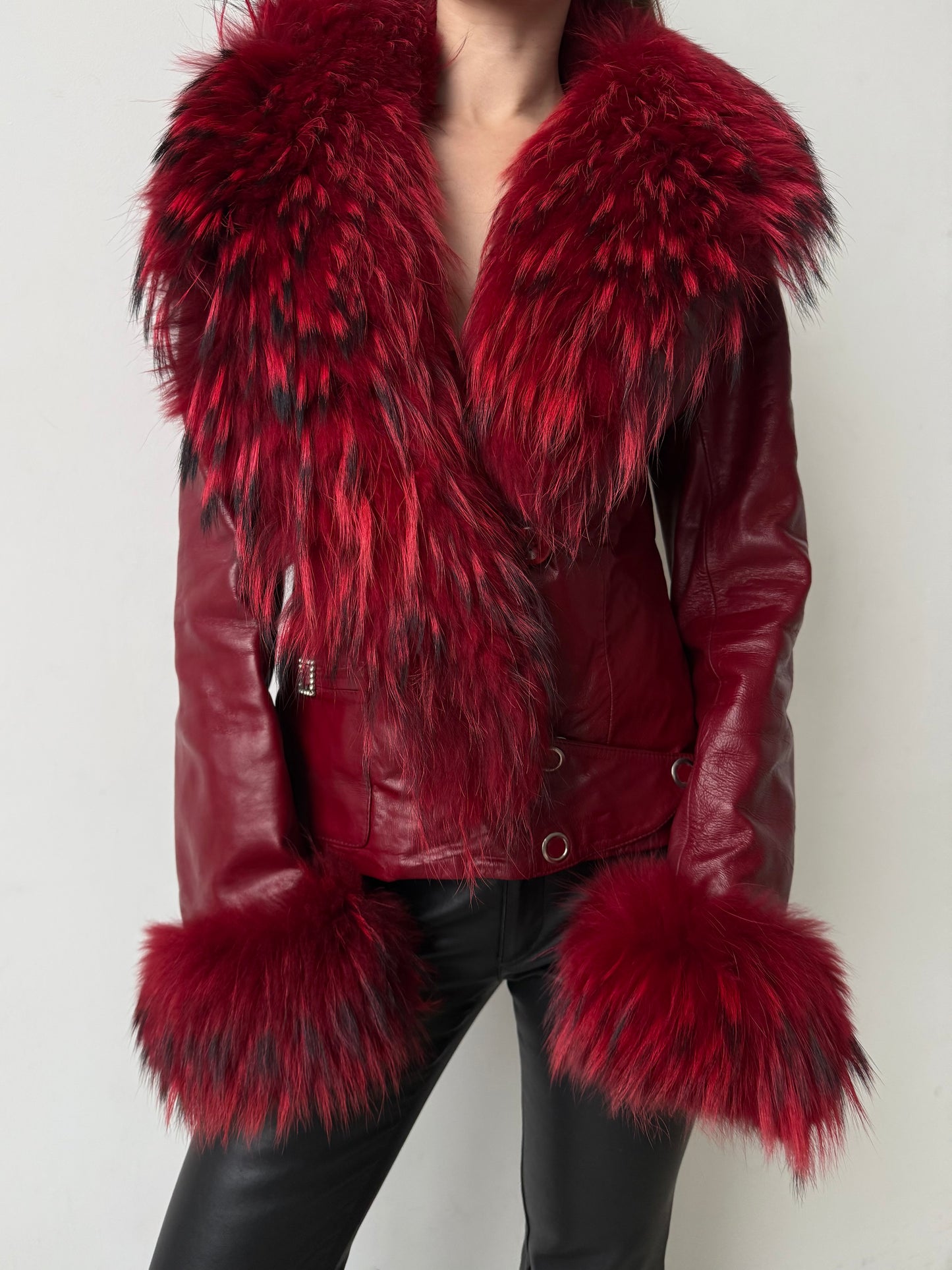 Vintage red leather jacket with luxurious natural fur details