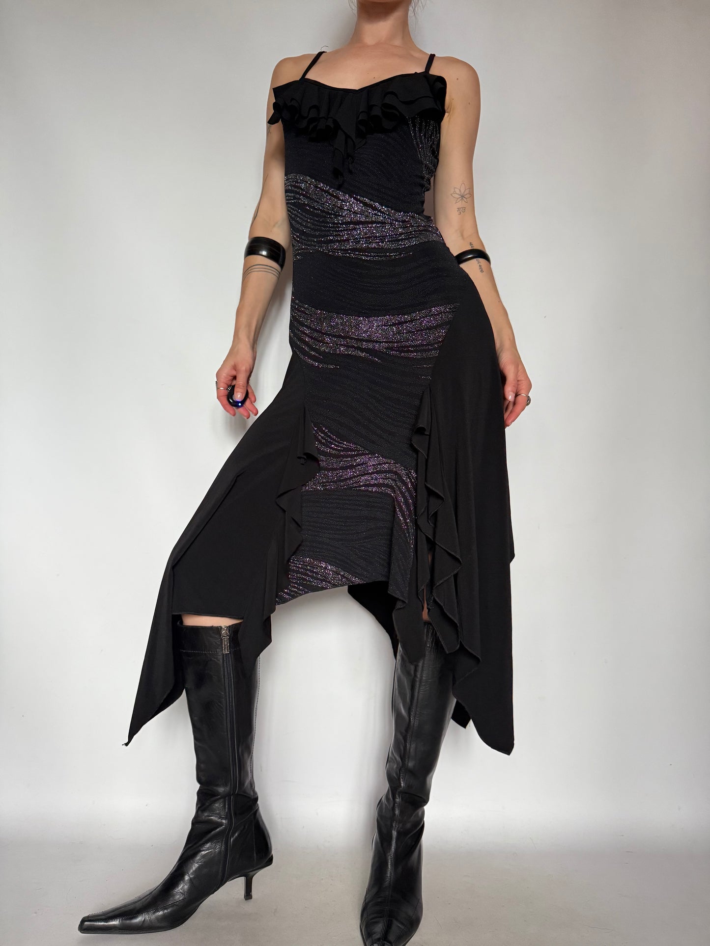 Vintage Black Asymmetrical Midi Dress with Metallic Stripes – Twinkling Global