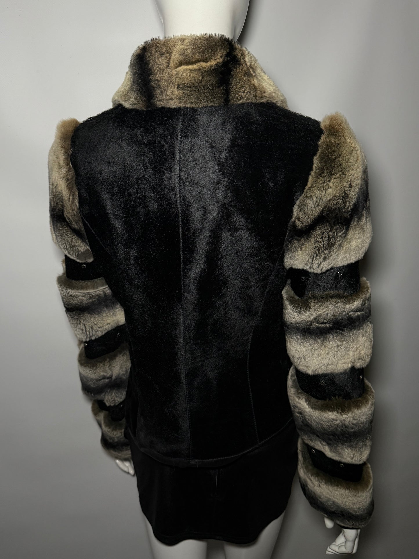 Vintage leather jacket with real chinchilla and pony fur panels