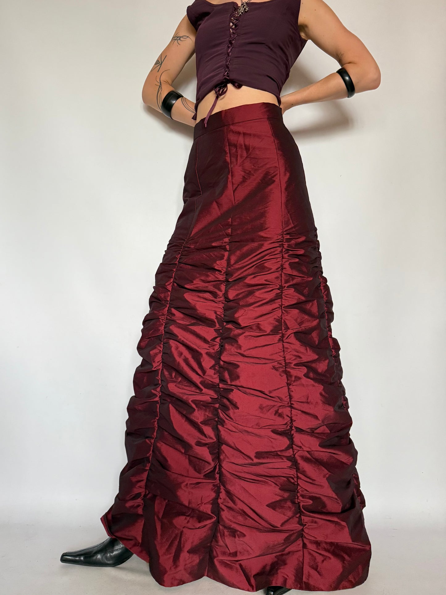 Vintage Burgundy Ruched Maxi Skirt – Twinkling Global