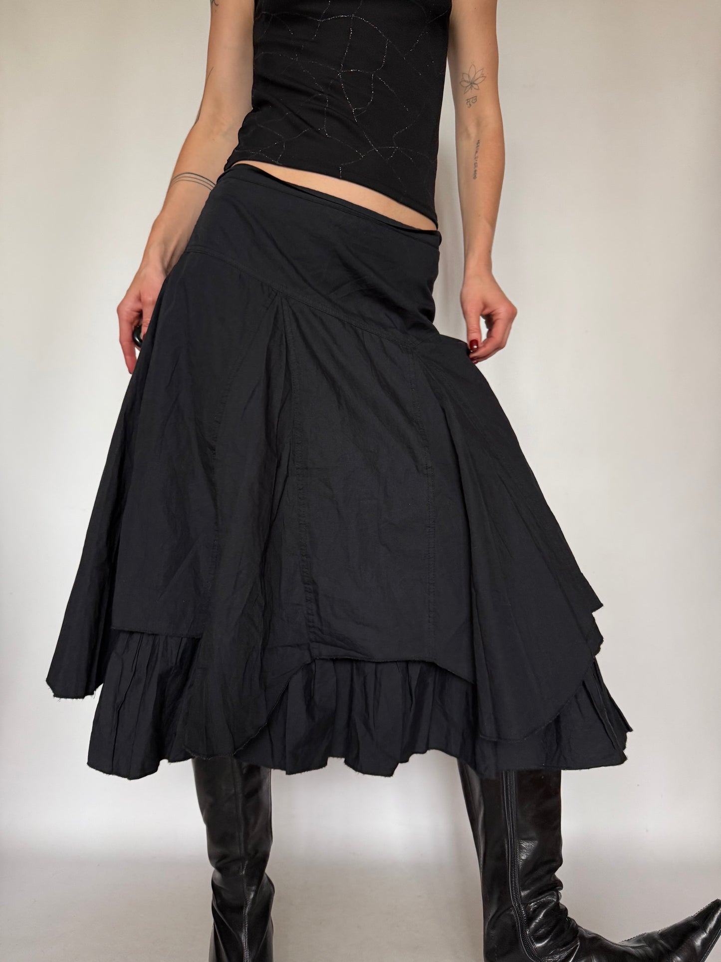 Vintage Black Cotton Midi Skirt