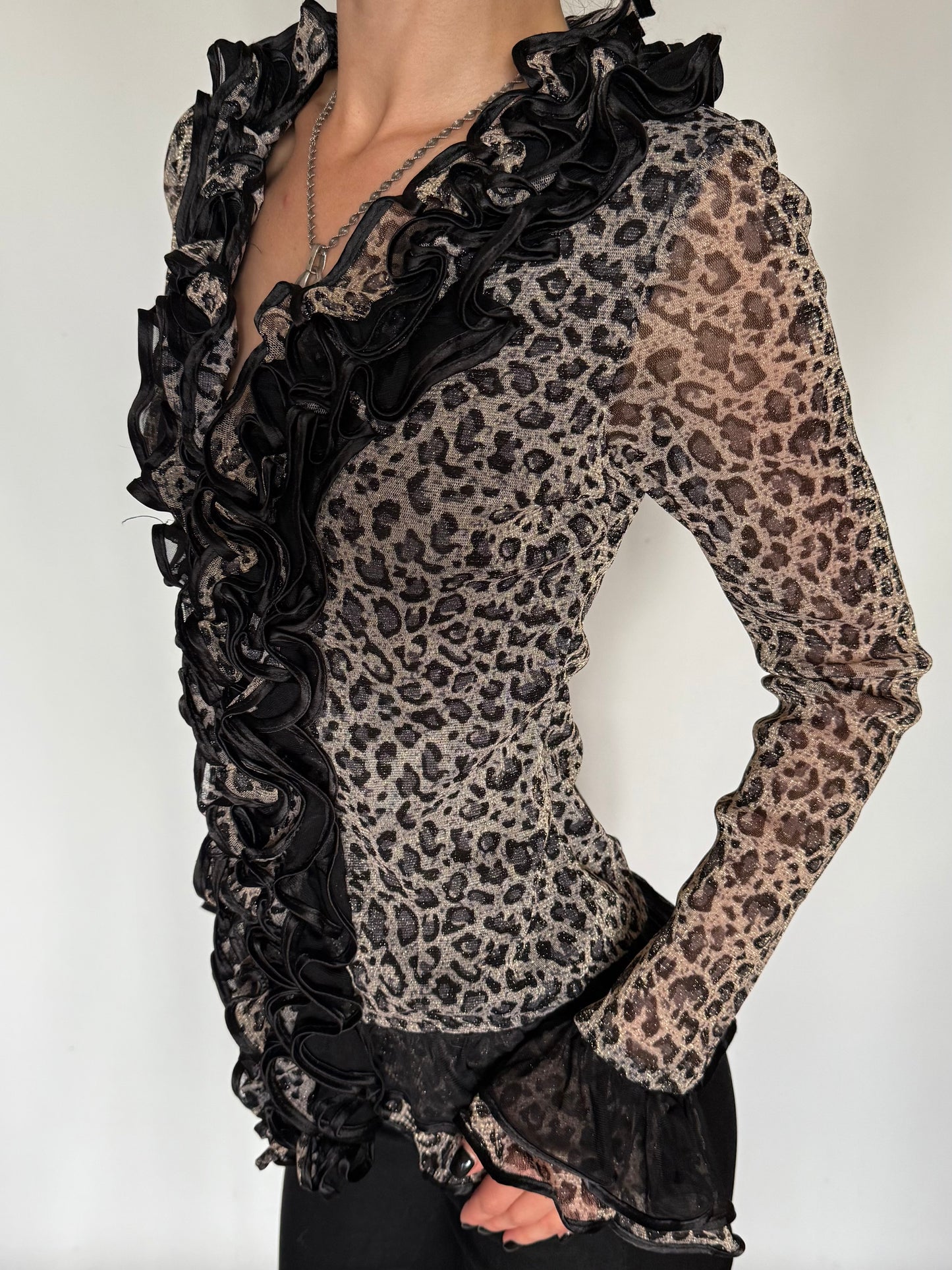 Vintage Leopard Ruffle Mesh Peplum Blouse Twinkling Global