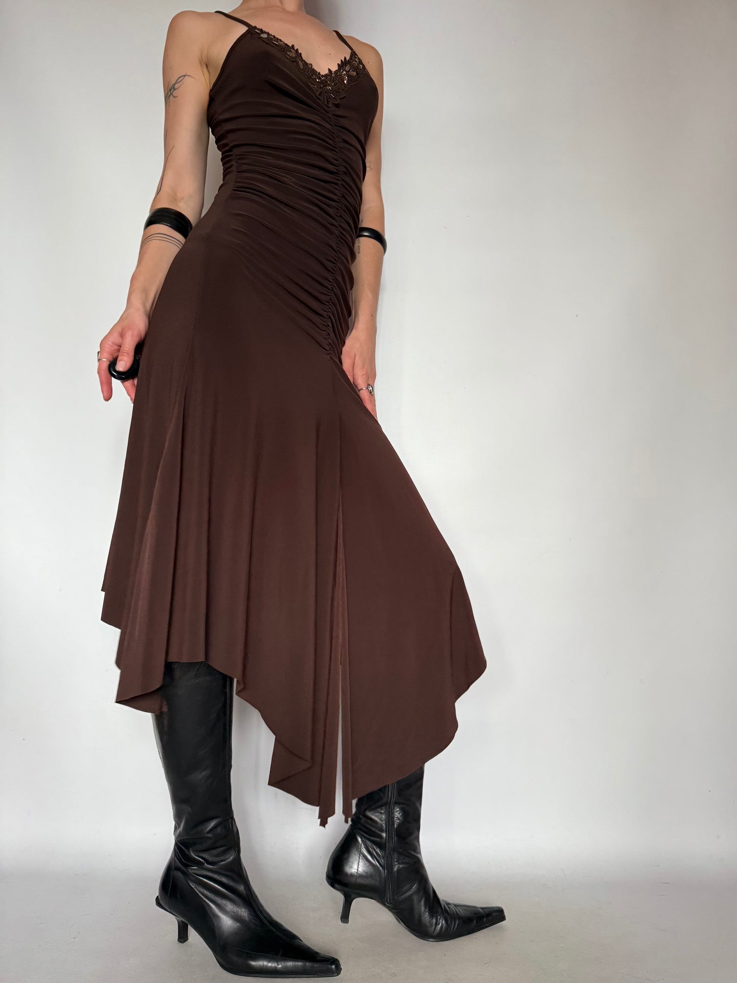 Vintage Brown Ruched Asymmetrical Dress – Twinkling Global