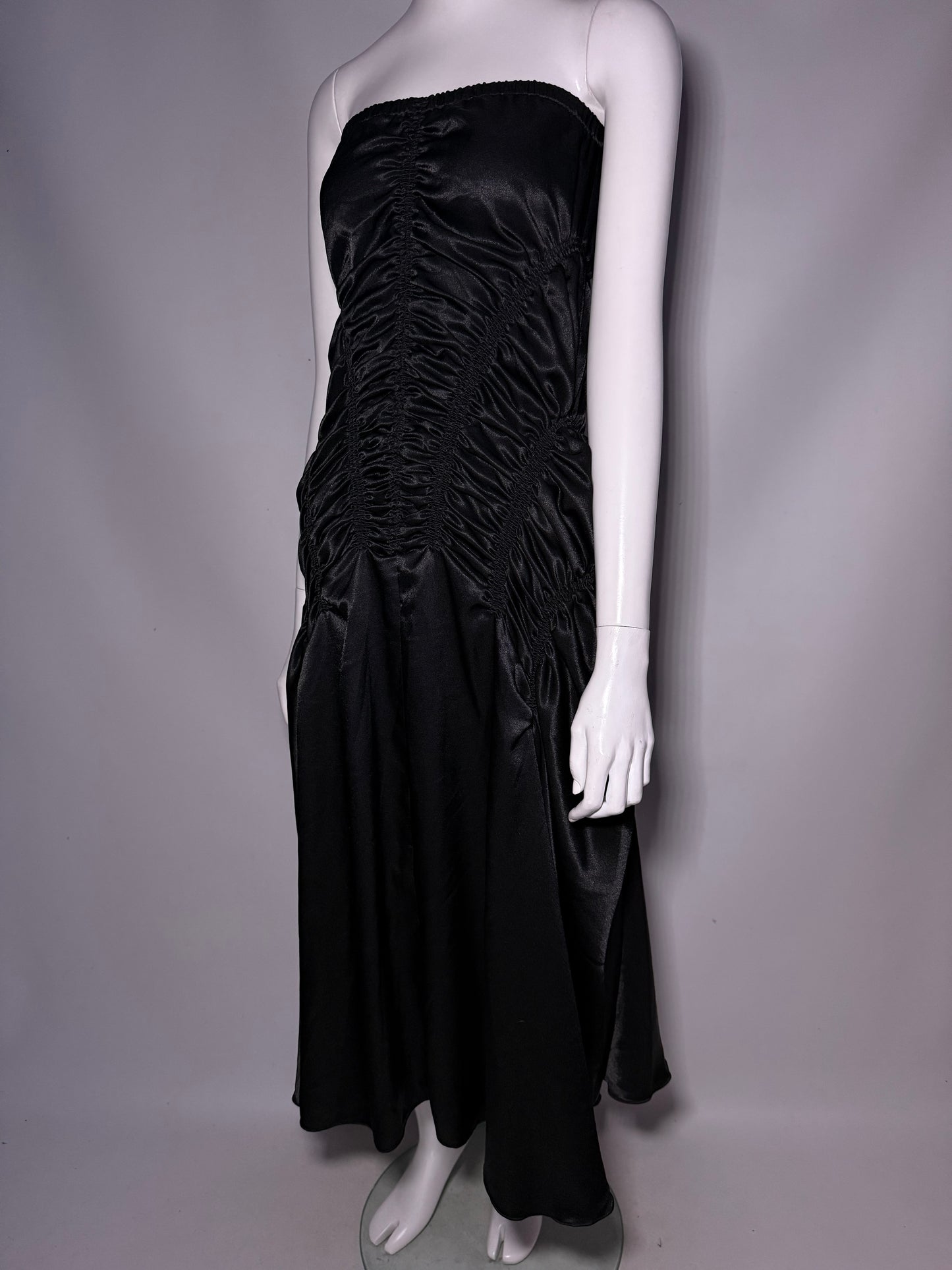 Y2K Strapless Black Ruched Satin Maxi Dress Twinkling