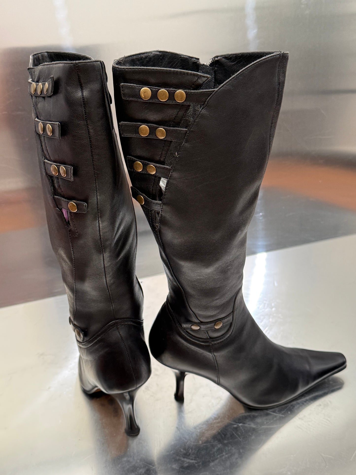 Vintage Black Leather High Boots with Stud Details Twinkling Global