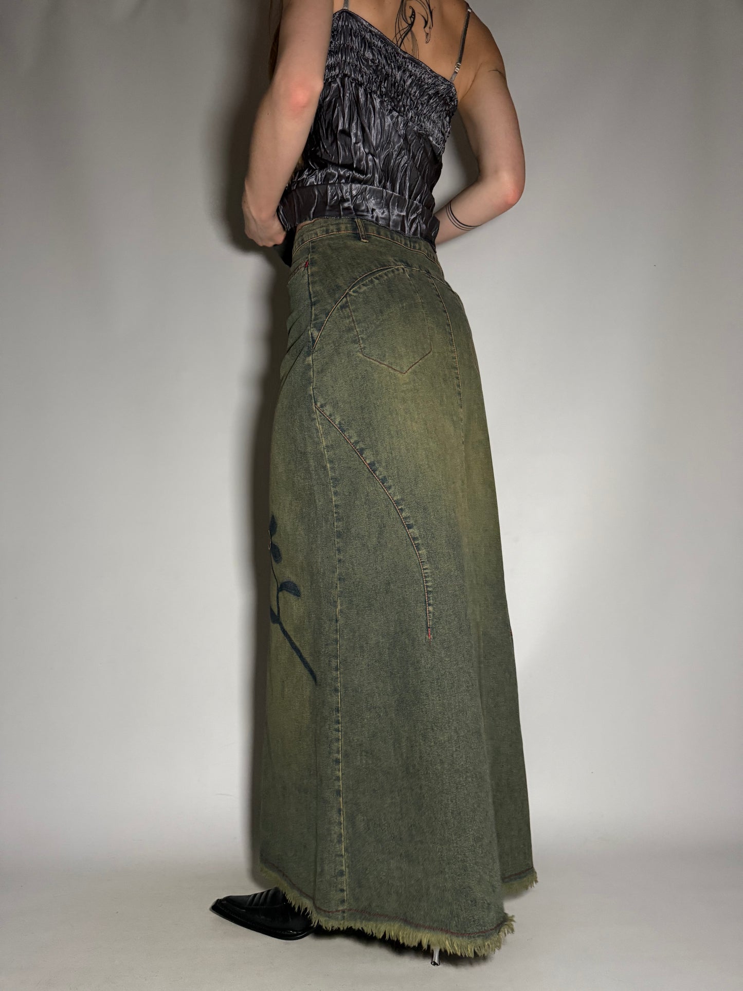 Vintage Maxi Denim Skirt with Flower Print and Contrast Stitching TWINKLING