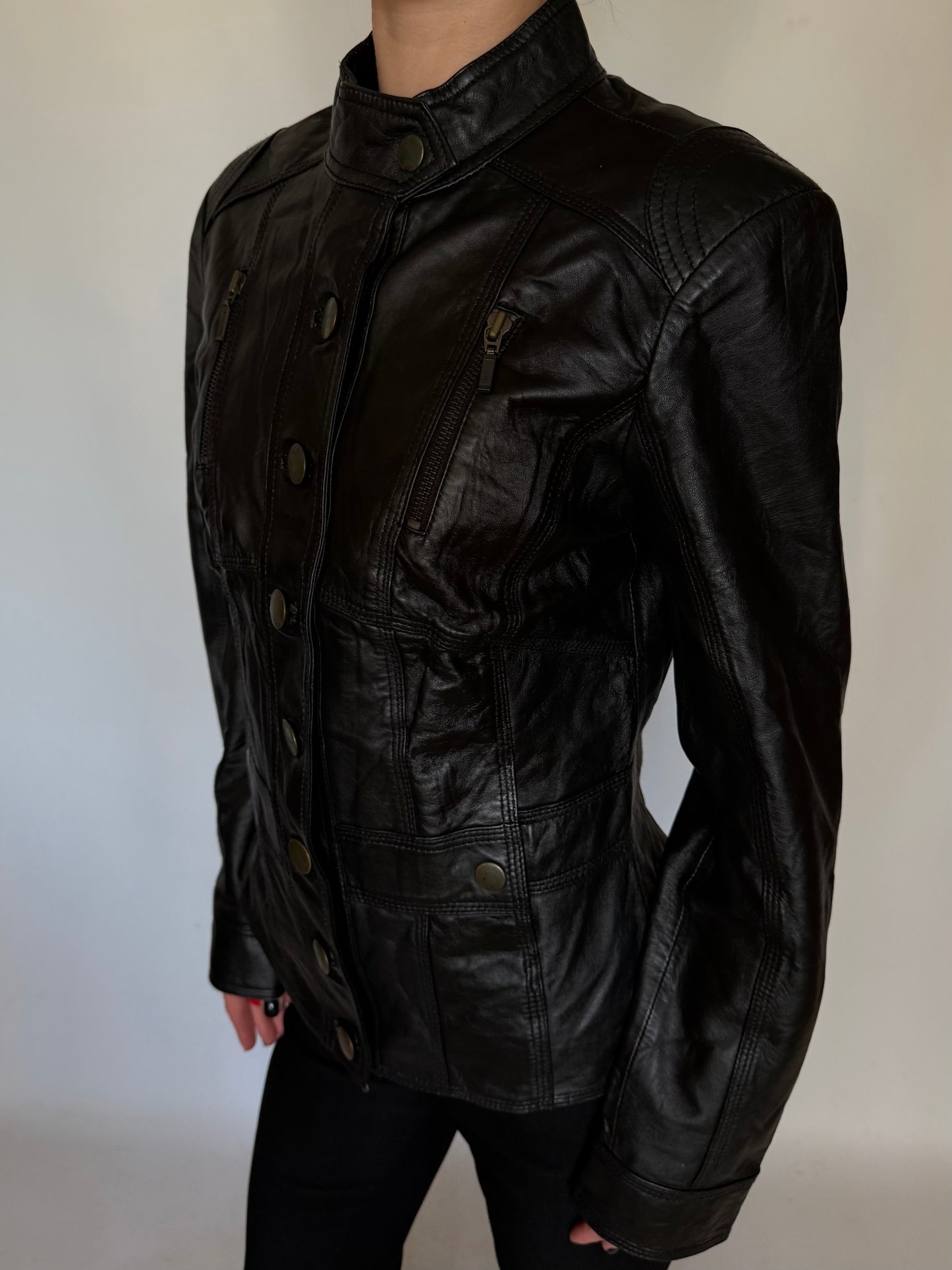 Vintage Black Fitted Leather Jacket Twinkling Global