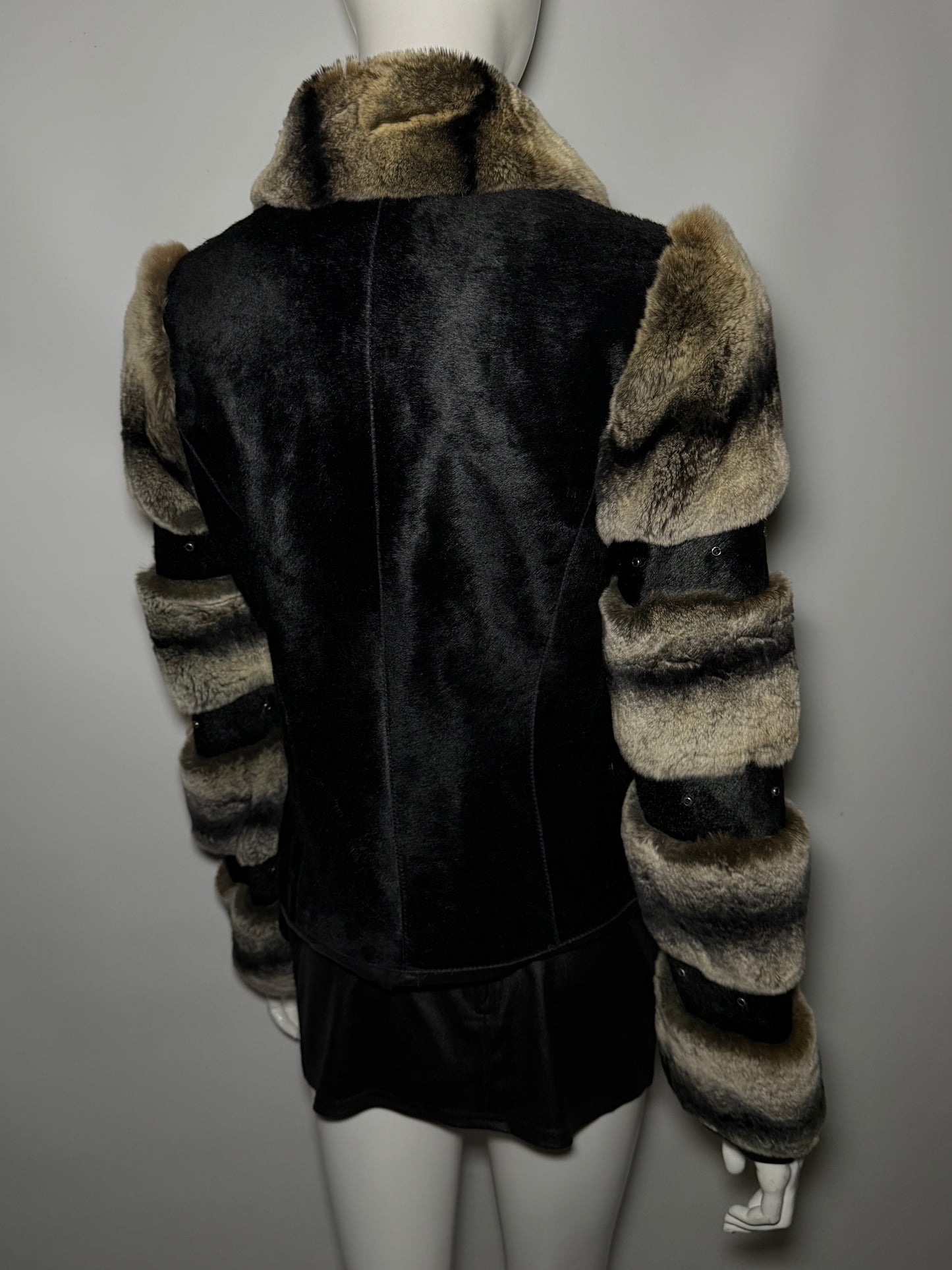 Vintage leather jacket with real chinchilla and pony fur panels