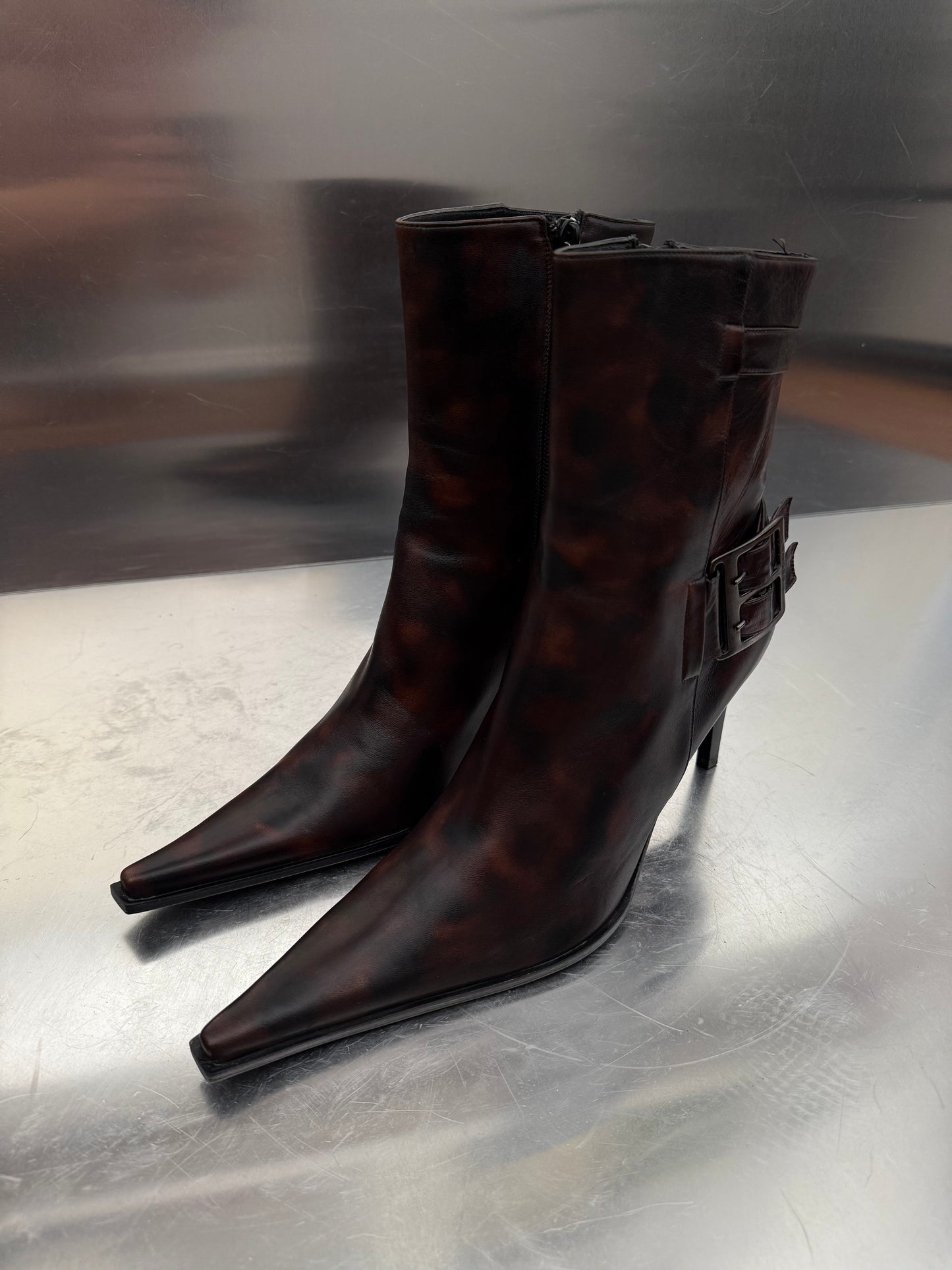 Vintage Brown Patterned Leather Ankle Boots Made in Italy Twinkling Global