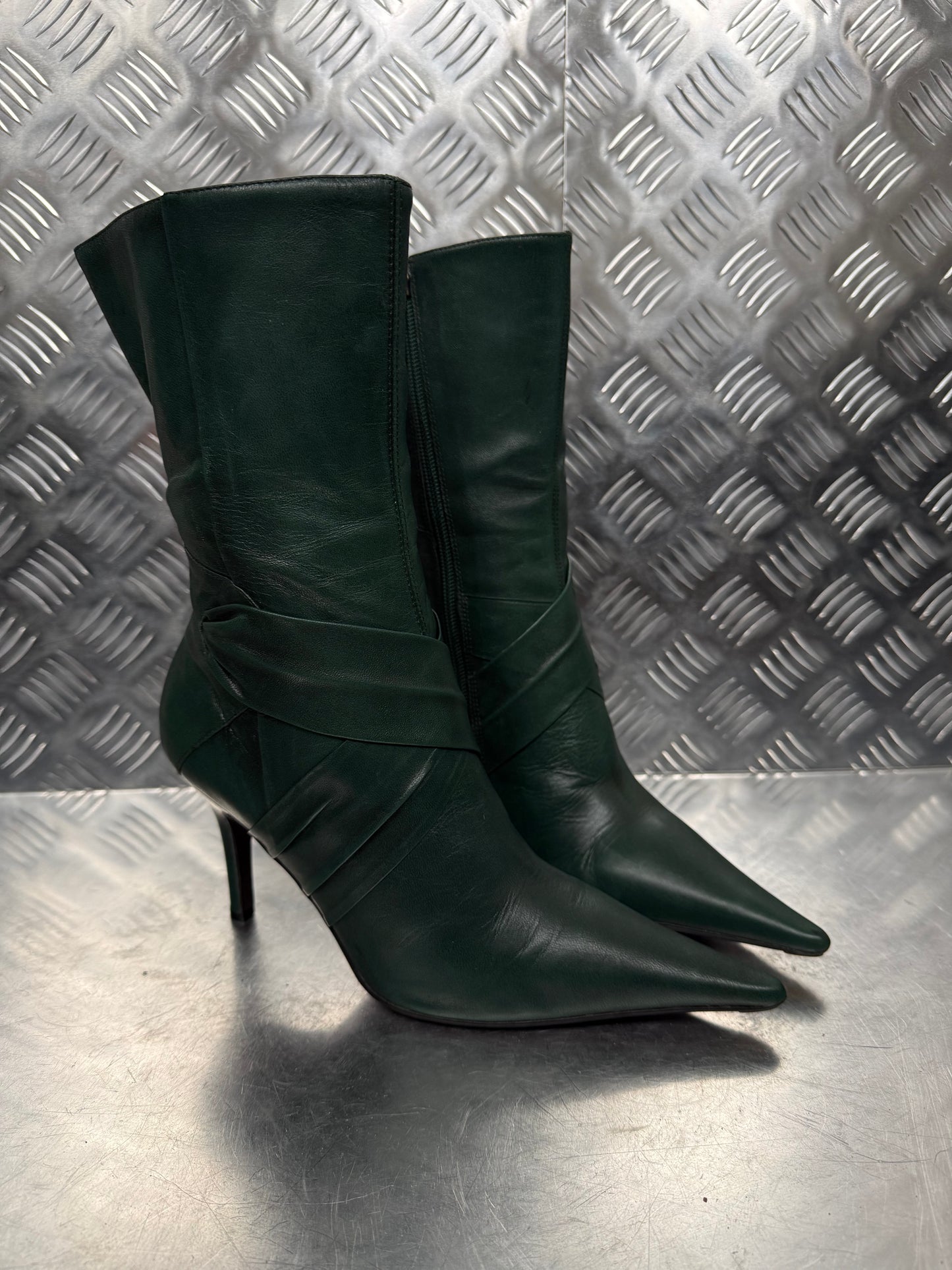 Vintage Dark Green Leather Heeled Boots FAITH TWINKLING GLOBAL