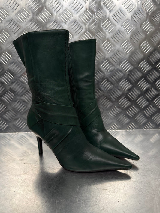 Vintage Dark Green Leather Heeled Boots FAITH TWINKLING GLOBAL