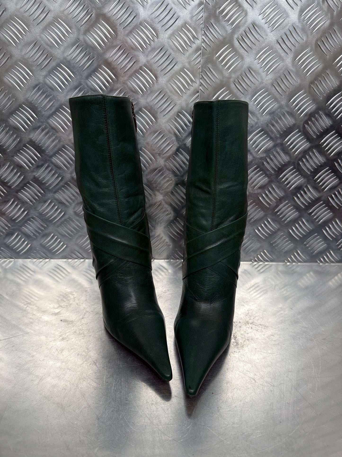 Vintage Dark Green Leather Heeled Boots FAITH TWINKLING GLOBAL