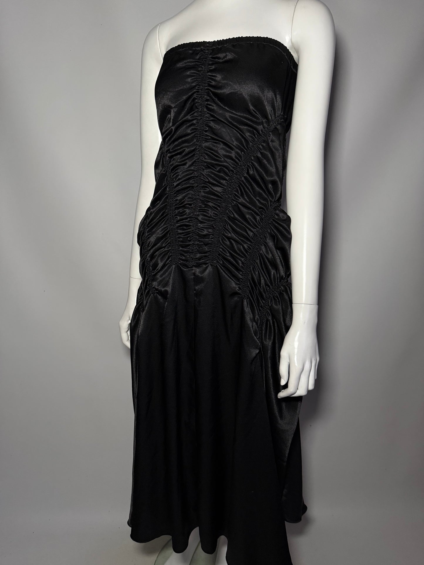 Y2K Strapless Black Ruched Satin Maxi Dress Twinkling