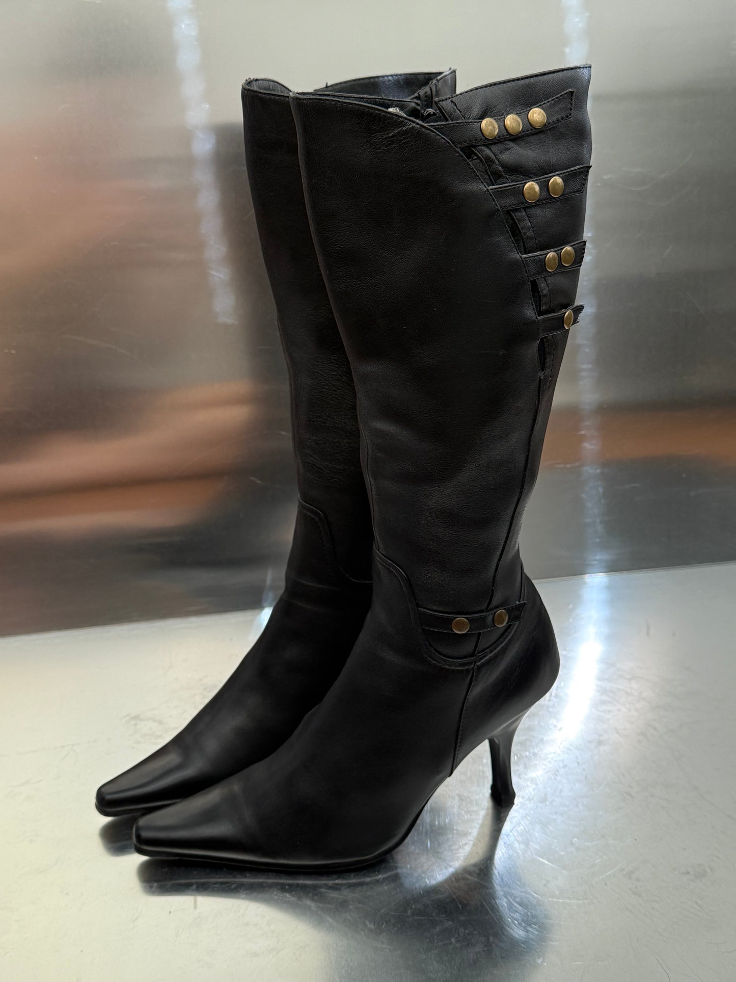 Vintage Black Leather High Boots with Stud Details Twinkling Global
