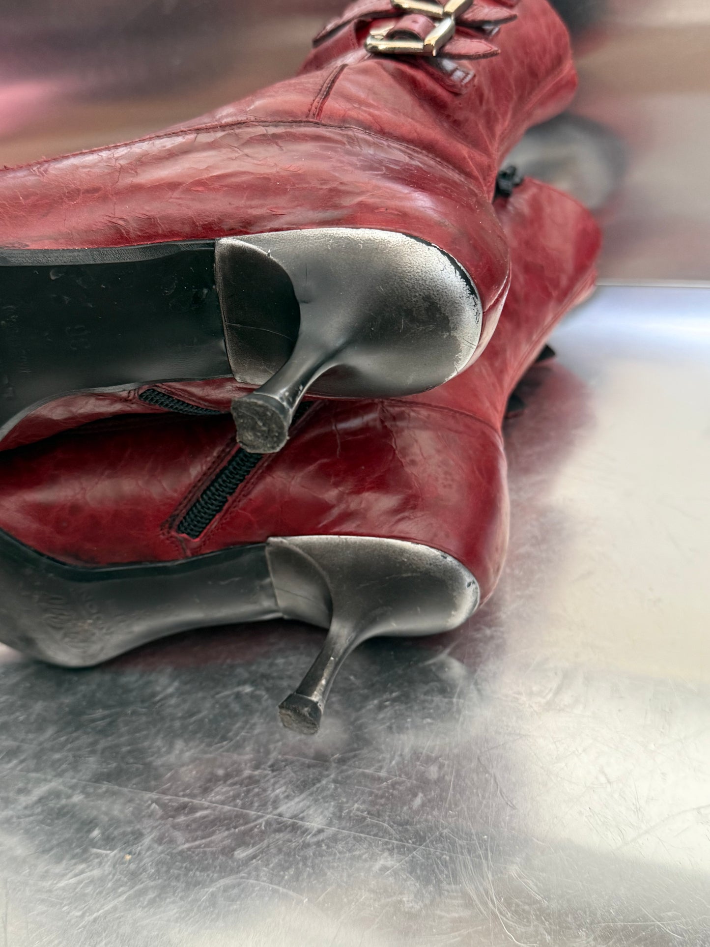 Vintage Red Leather Buffalo Heeled Boots Twinkling