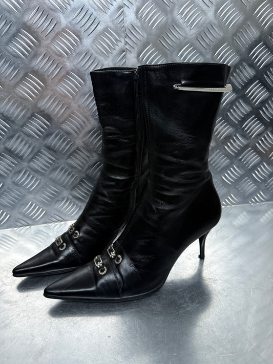 Vintage Black Leather Boots with Crystal Buckles TWINKLING GLOBAL