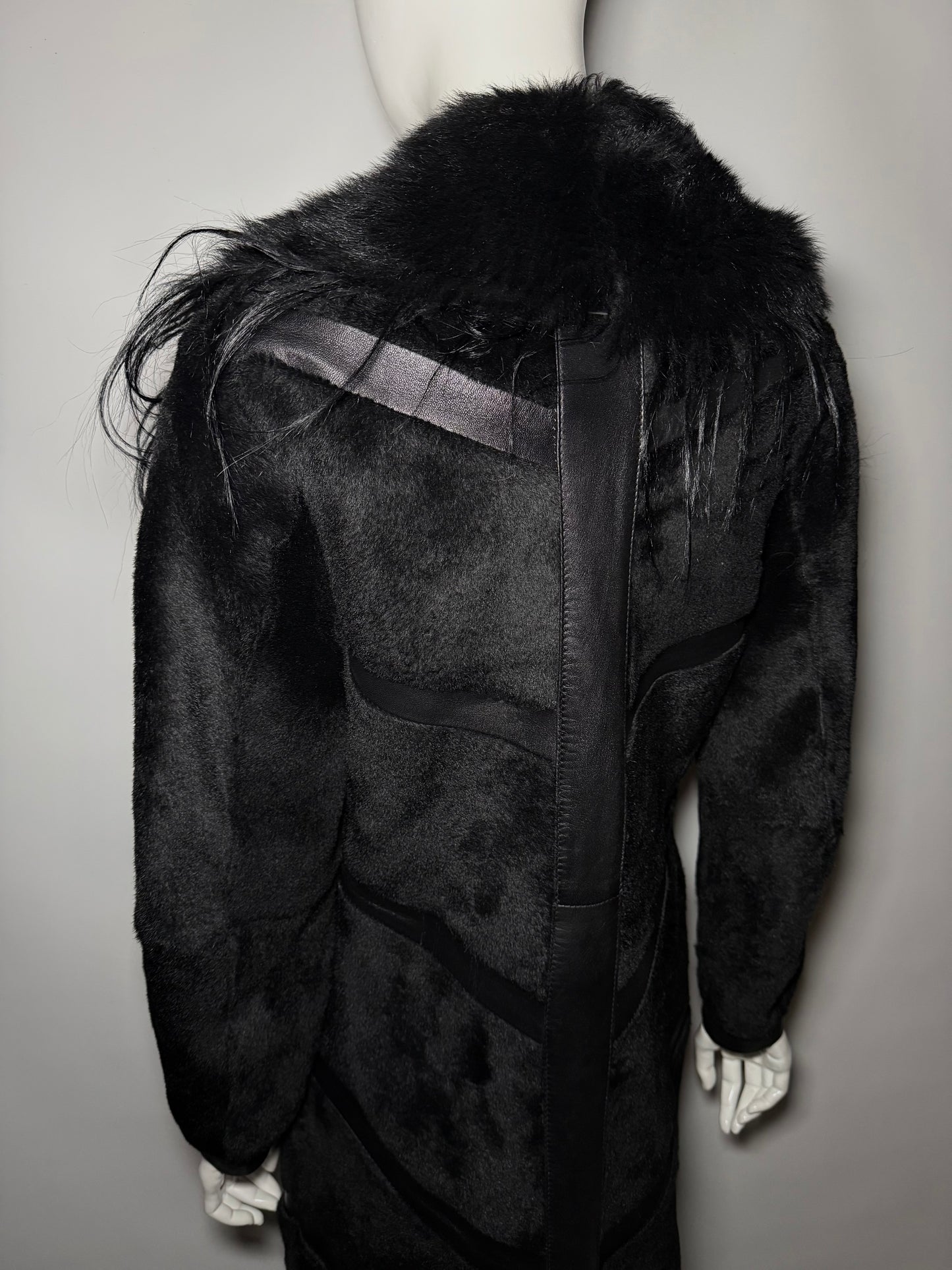 Vintage Black Leather Long Coat with Real Fur TWINKLING GLOBAL