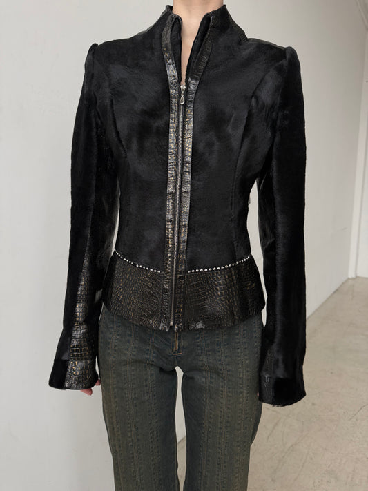 Vintage fitted leather jacket with pony fur TWINKLING GLOBAL