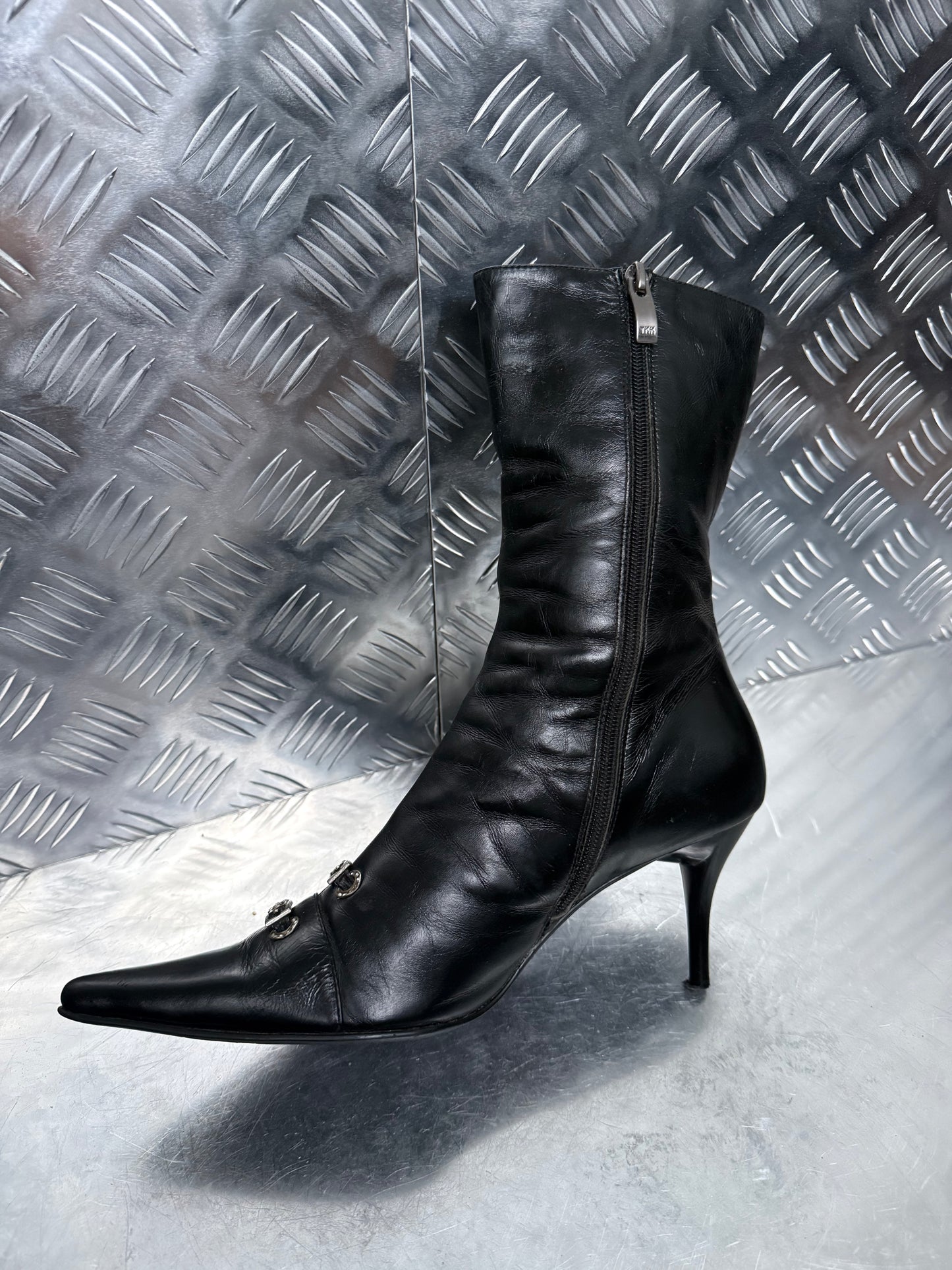 Vintage Black Leather Boots with Crystal Buckles TWINKLING GLOBAL