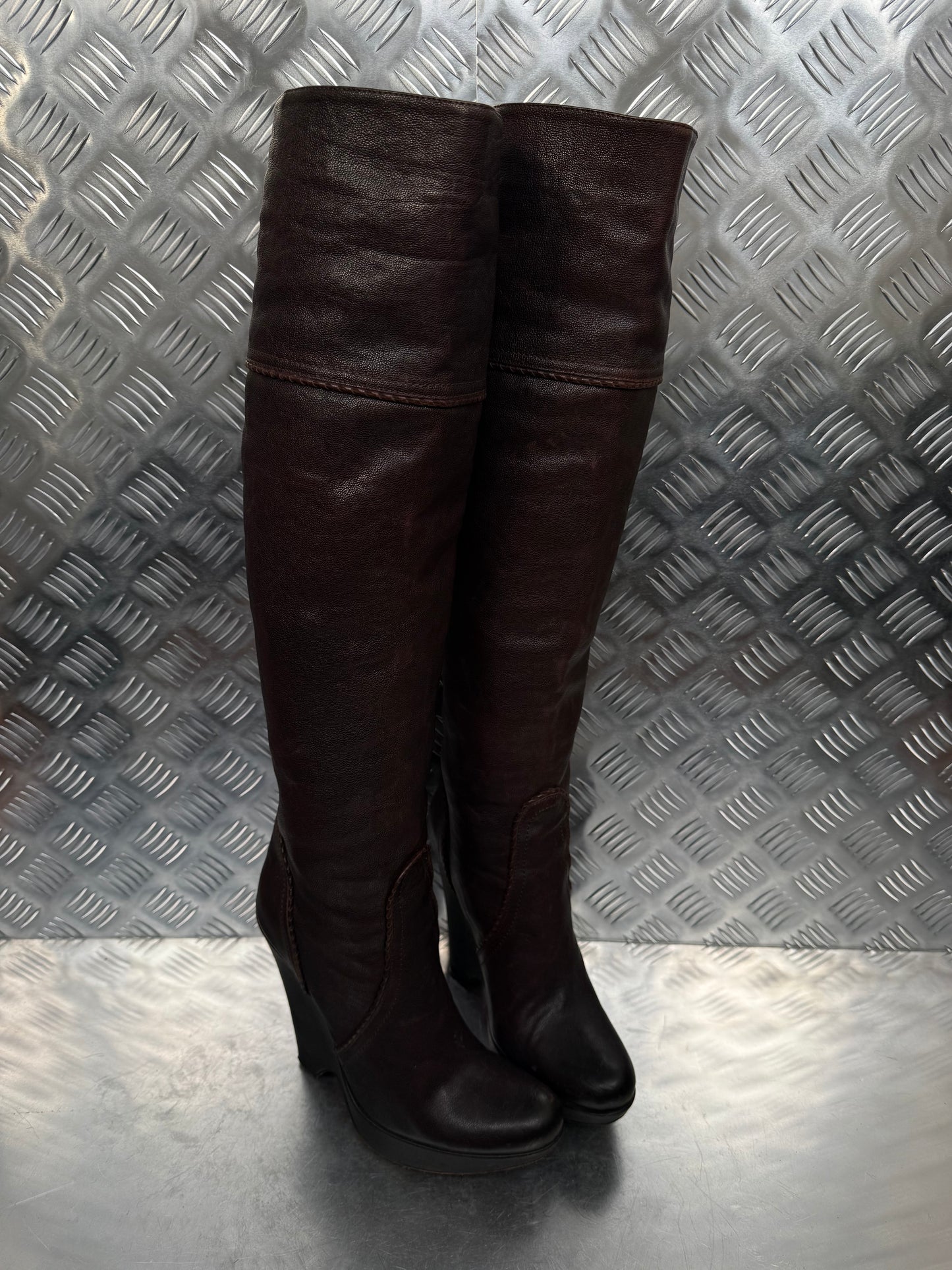 Vintage brown leather platform wedge over-the-knee boots SHY TWINKLING GLOBAL