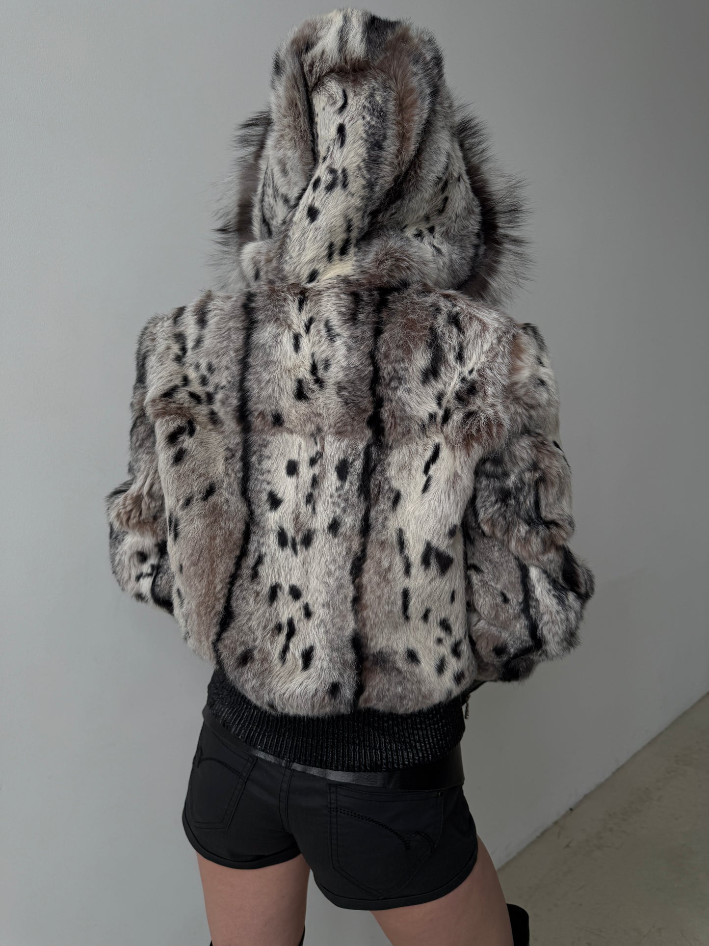 Vintage genuine leather jacket with natural rabbit fur and hood TWINKLING GLOBAL