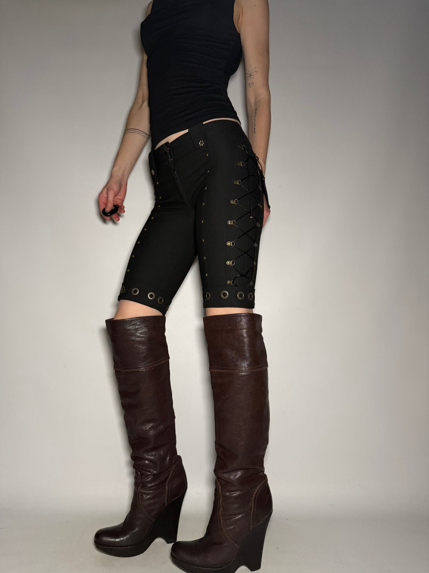 Vintage Black Stretch Lace-Up Shorts TWINKLING GLOBAL