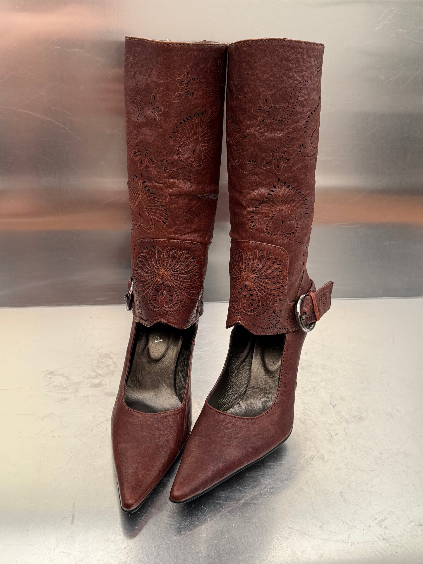 Vintage Brown Leather Gaiter-Style Pump Boots Twinkling Global