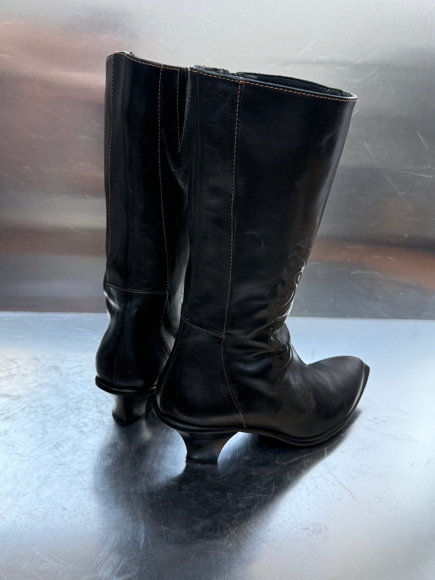 Vintage Black Leather Boots with Tribal Detail Twinkling Global