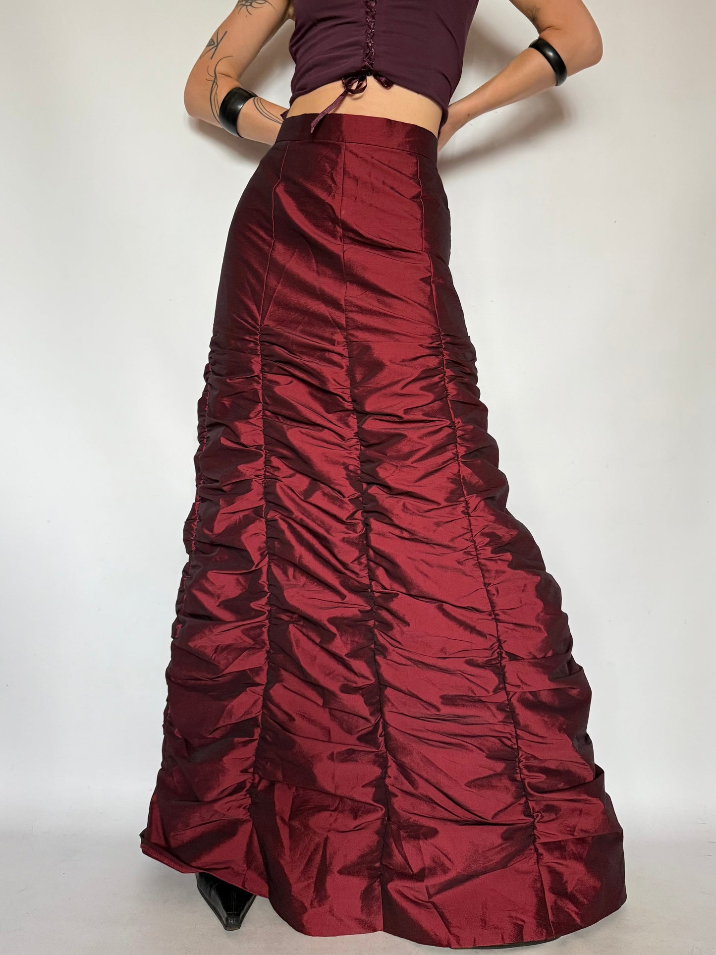 Vintage Burgundy Ruched Maxi Skirt – Twinkling Global